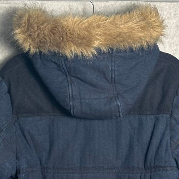Zara Man Sz Small Dark Blue‎ Chambray Coat Removable Fur Collar Wool insulated - Picture 4 of 9